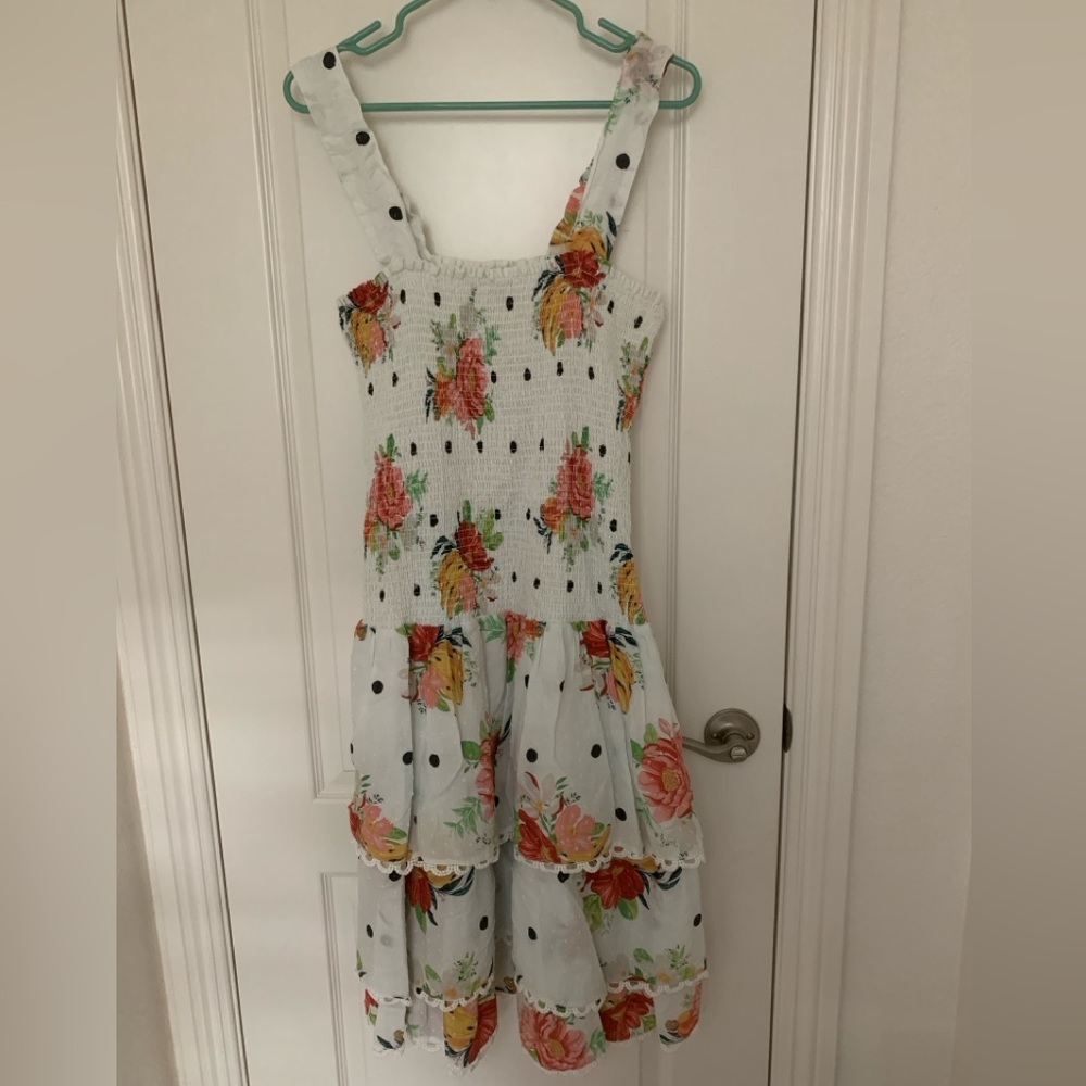 EUC Farm Rio Smocked Floral Dress Size XL Tiered Lace Trim 35" Length